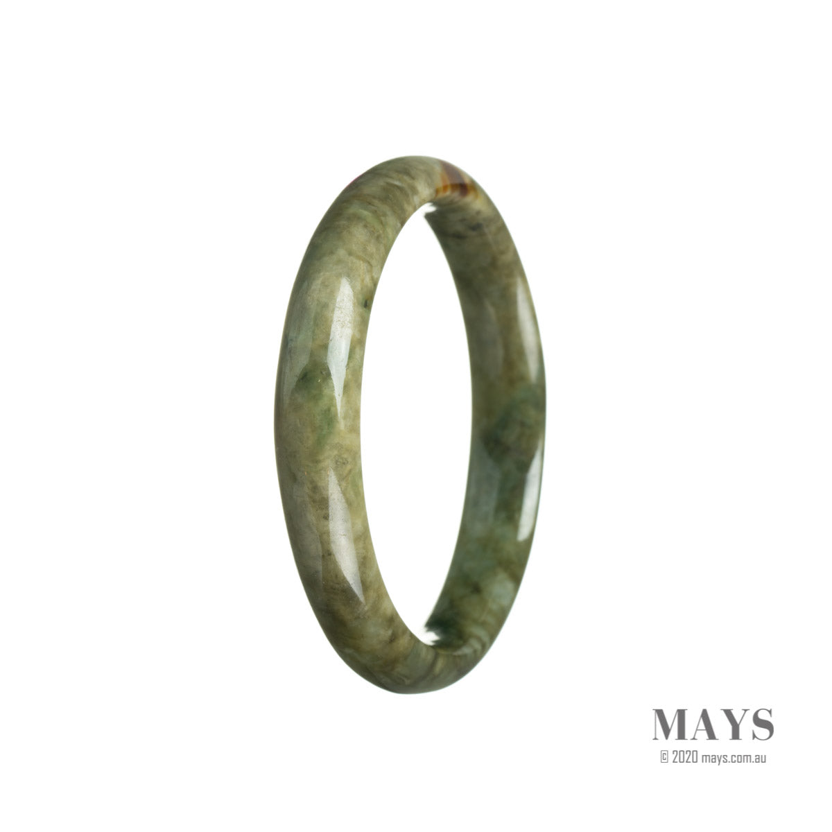 A beautiful, high-quality brownish green jadeite bangle with a half moon design, measuring 57mm. Perfect for adding a touch of elegance to any outfit.