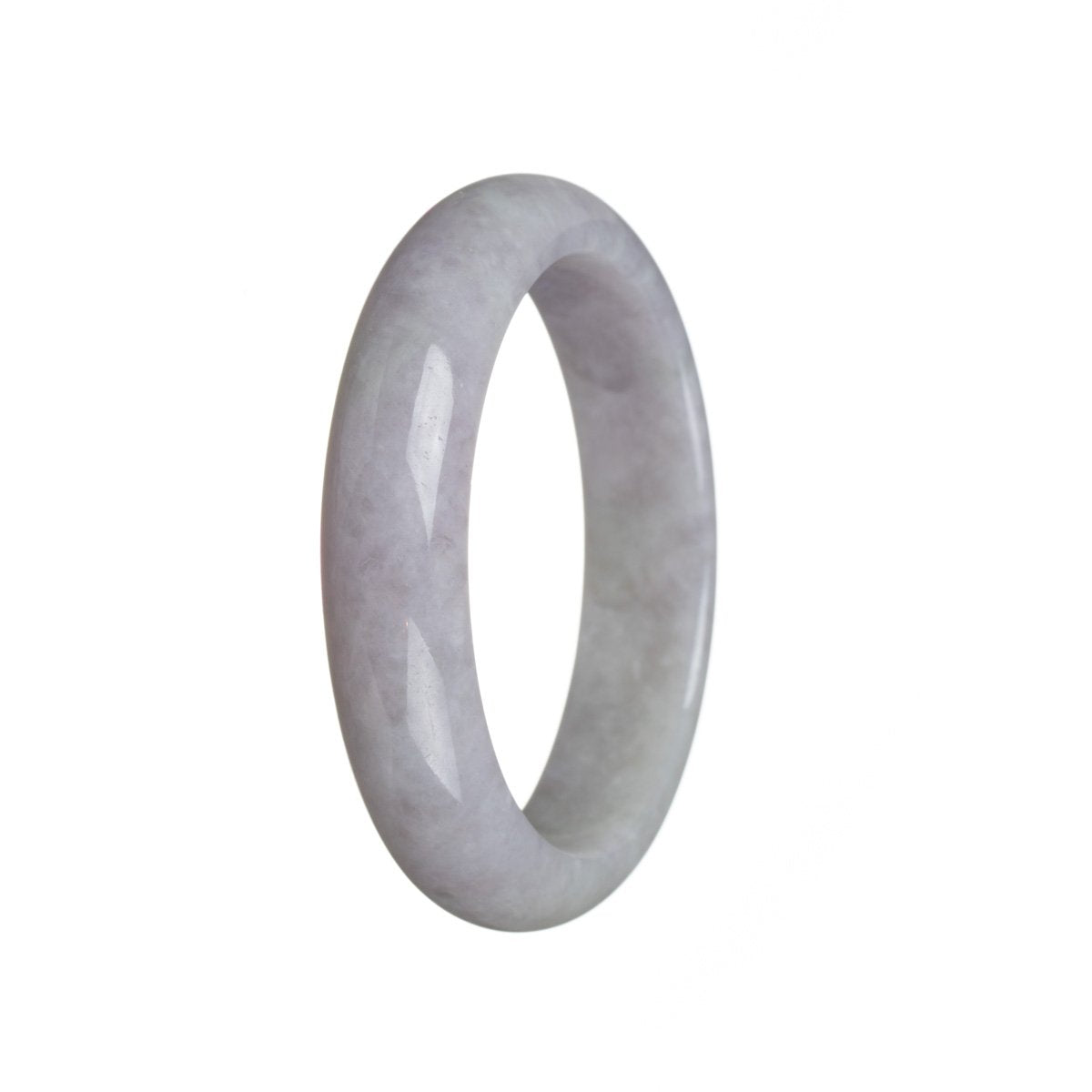 A close-up photo of a lavender-colored bangle bracelet made from Grade A Lavender Burma Jade. The bracelet has a smooth, half-moon shape and a diameter of 58mm. It is an authentic piece from the MAYS™ brand.