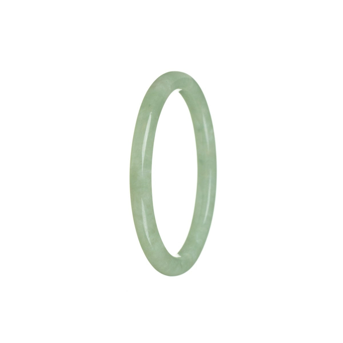 A close-up photo of an oval-shaped, Grade A Green Jade Bangle Bracelet with a glossy, authentic finish. The bracelet has a diameter of 52mm and is crafted by MAYS GEMS.
