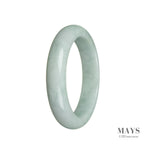 A close-up of a genuine untreated white jade bangle, featuring a semi-round shape and measuring 57mm in diameter. The bangle has a smooth and polished surface, showcasing the natural beauty of the white jade. It is a timeless and elegant piece of jewelry from the brand MAYS.