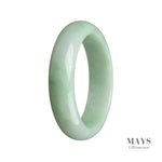 A light green Burmese jade bangle bracelet with a half-moon shape, measuring 57mm in size.