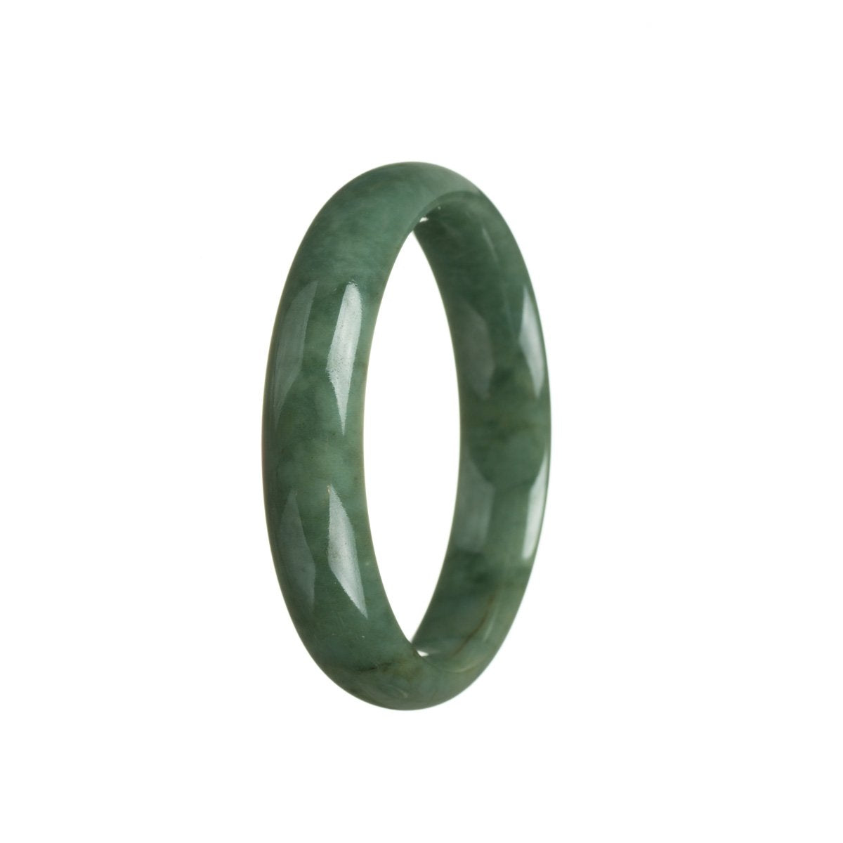 Image of a half-moon shaped bracelet made of authentic, natural deep green jadeite. The bracelet has a smooth and polished surface, showcasing the vibrant green color of the jadeite. It is 56mm in size and is a beautiful piece of jewelry from the brand MAYS.