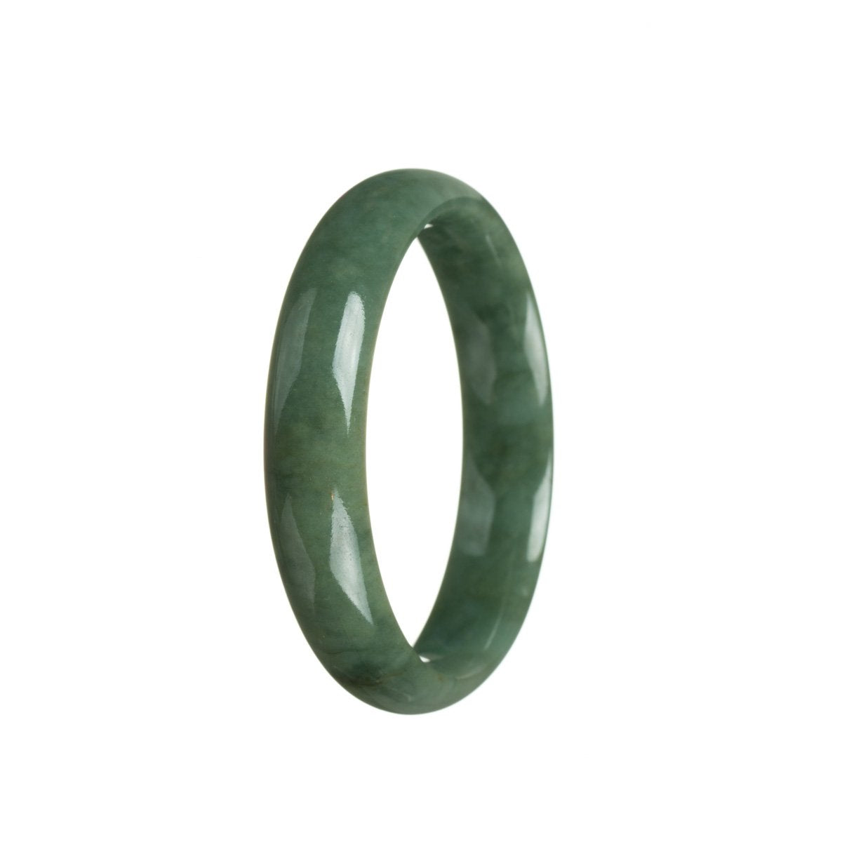 A half moon-shaped deep green jade bangle, featuring a genuine natural stone.