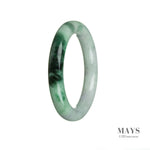 A circular jade bangle bracelet with a vibrant green color and a certified Grade A quality. The bangle features an intricate pattern and has a diameter of 52mm. Sold by MAYS.