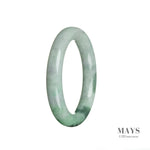 A round jadeite bangle bracelet with a certified Grade A green color and intricate pattern, measuring 52mm in diameter. Sold by MAYS GEMS.