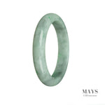 A close-up of a green bangle bracelet made of Burma Jade. The bracelet has a semi-round shape and measures 59mm in diameter. It is certified as Grade A Jade by MAYS GEMS.