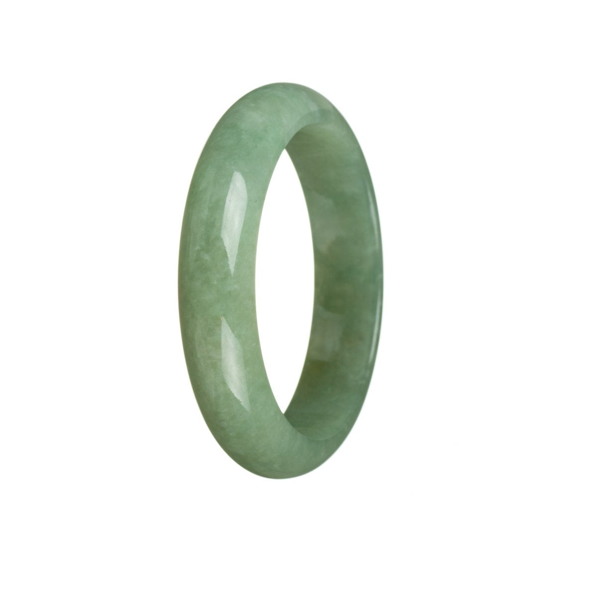 A half moon-shaped bangle made of genuine, untreated green Burma jade, measuring 55mm in diameter.