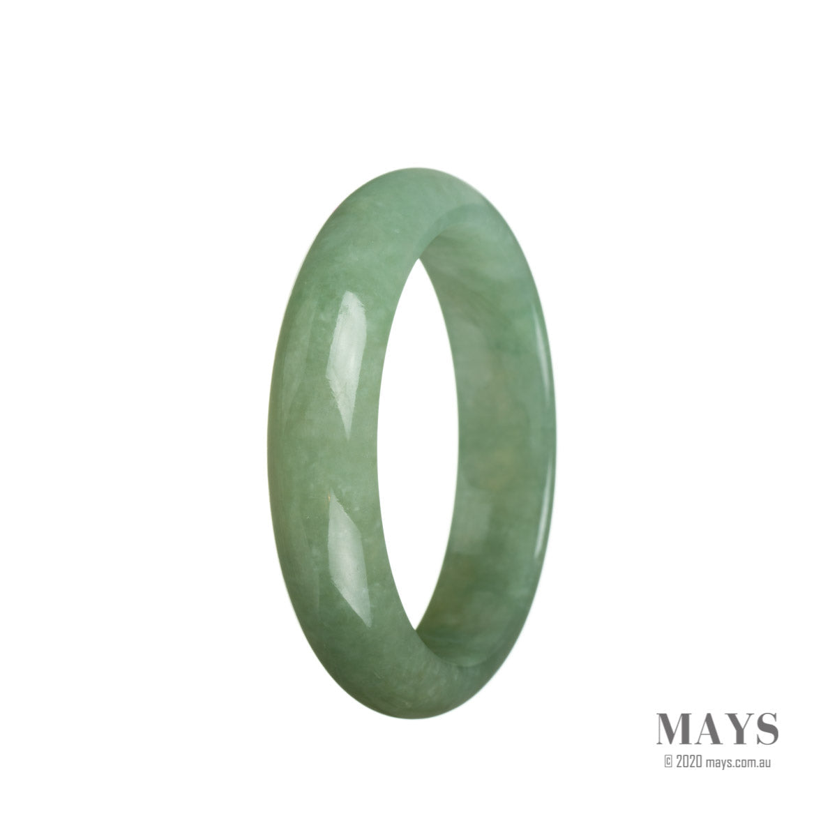 A half moon shaped green jadeite bracelet, handmade and crafted from real natural jade. The bracelet measures 55mm in diameter and is a stunning addition to any jewelry collection.