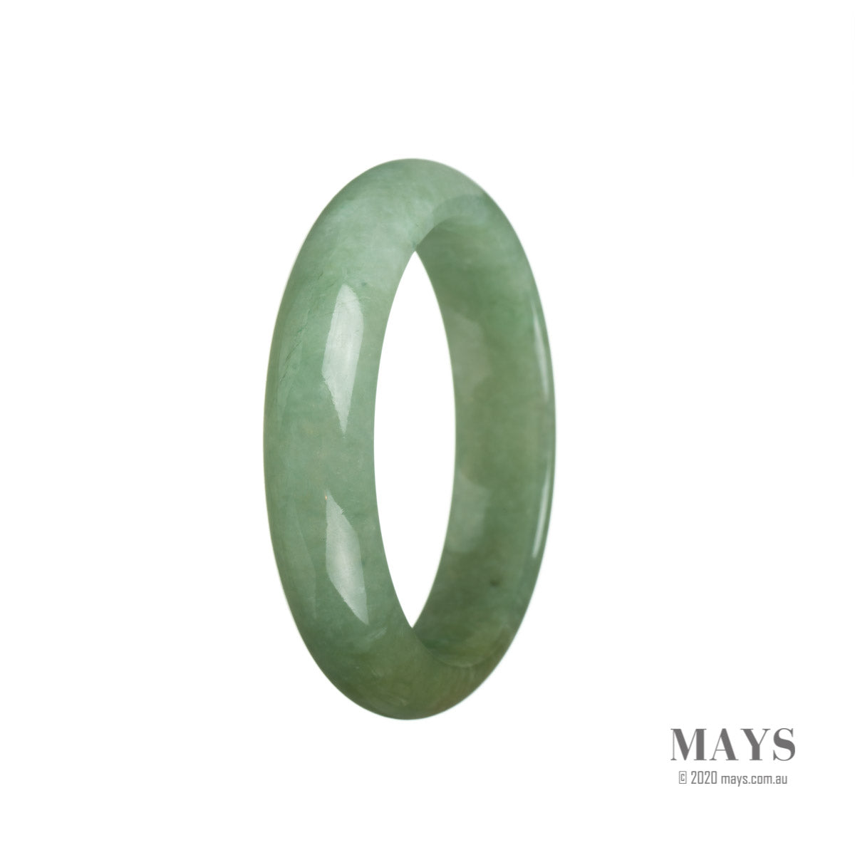 A half moon shaped green jade bangle with a diameter of 55mm, made of genuine Grade A jade. Sold by MAYS.