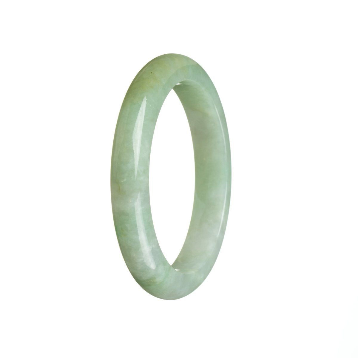 A close-up image of a real untreated green traditional jade bangle. The bangle is 53mm in diameter and has a semi-round shape. It is a product by MAYS™.