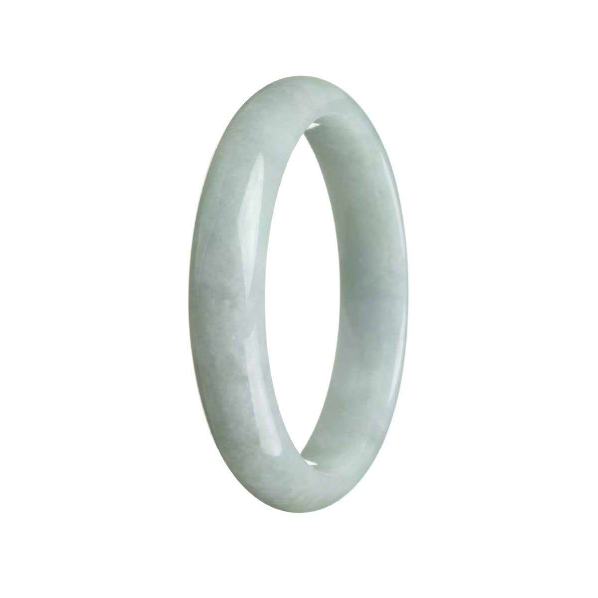 A light green jade bangle bracelet, certified Grade A, featuring a half moon design, measuring 58mm in size. A beautiful piece from MAYS GEMS.