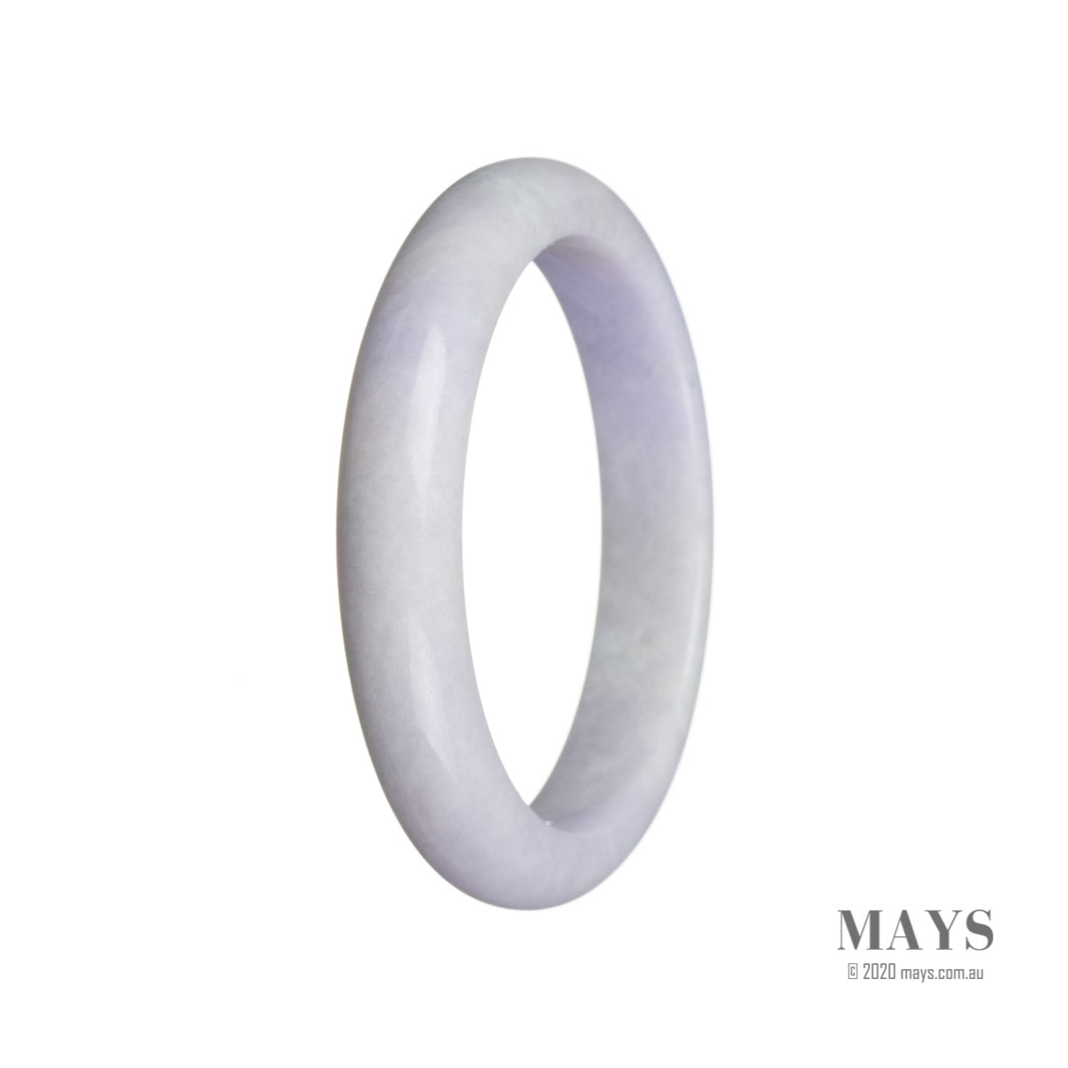 A lavender Burma jade bangle bracelet with a smooth, semi-round shape, measuring 59mm in diameter. Available at MAYS GEMS.