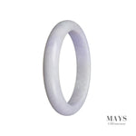A lavender Burma jade bangle bracelet with a smooth, semi-round shape, measuring 59mm in diameter. Available at MAYS GEMS.