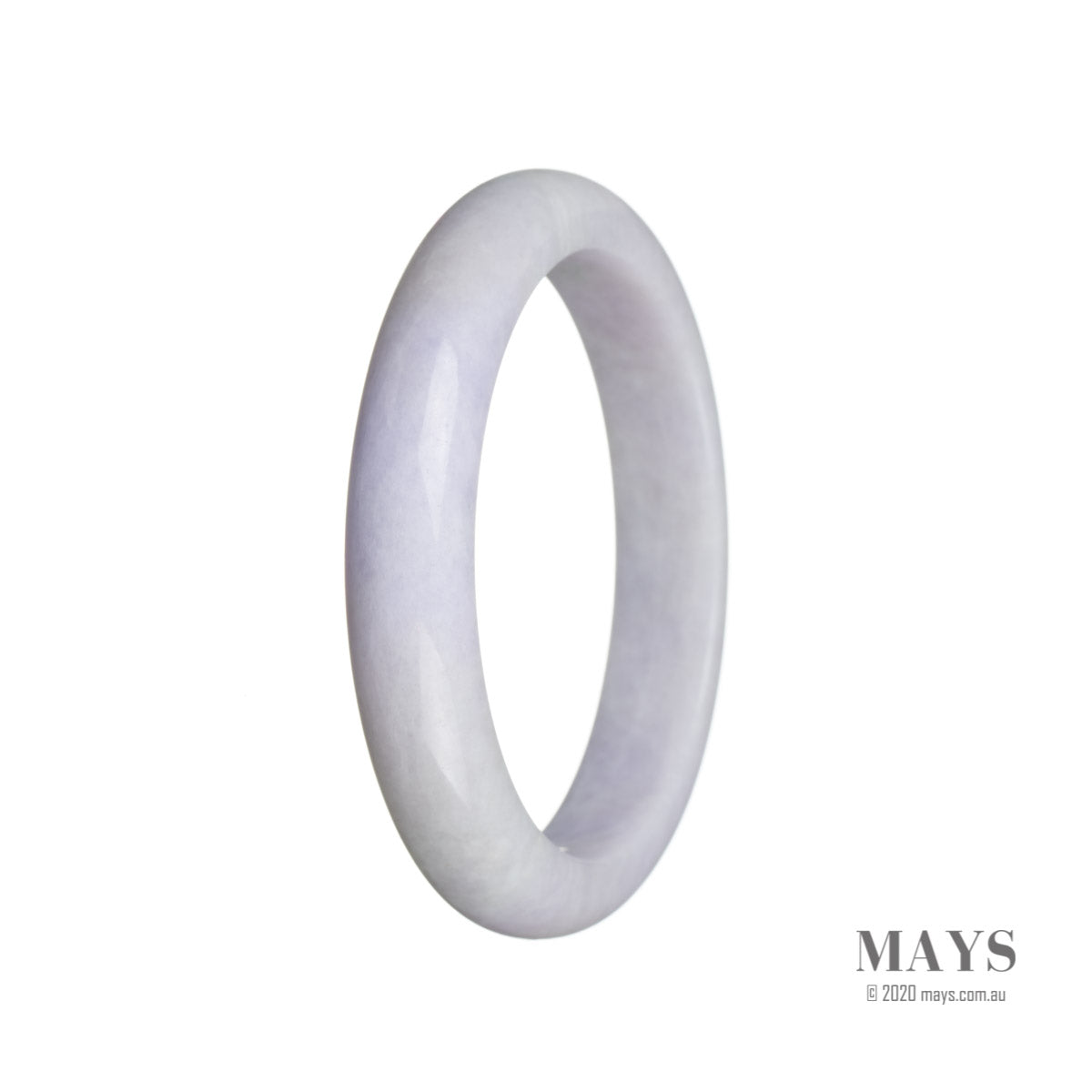 A semi-round lavender Burmese jade bangle bracelet with Grade A quality, measuring 59mm.