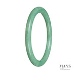 A close-up image of a bright green jade bracelet with petite round beads. The bracelet is made of genuine Grade A Burma jade and has a diameter of 61mm. It is sold by MAYS.