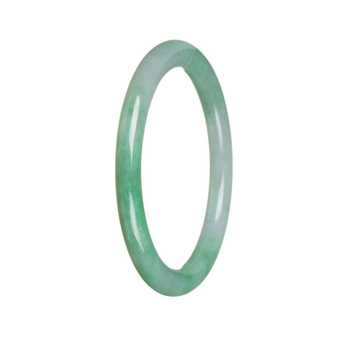 A close-up of a small, round apple green jadeite bangle with a smooth surface and a grade A quality. The bangle measures 57mm in diameter and is perfect for petite wrists.