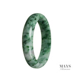 A close-up of a half-moon shaped bracelet made of real untreated green jadeite jade, measuring 63mm.