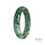 A close-up photo of a beautiful jade bracelet, featuring a half-moon shaped design. The bracelet is made of genuine Grade A green Burma jade, known for its high quality. The jade has a smooth and polished appearance, with natural variations in color and texture. The bracelet measures 63mm in diameter, and is a stunning piece of jewelry from MAYS GEMS.