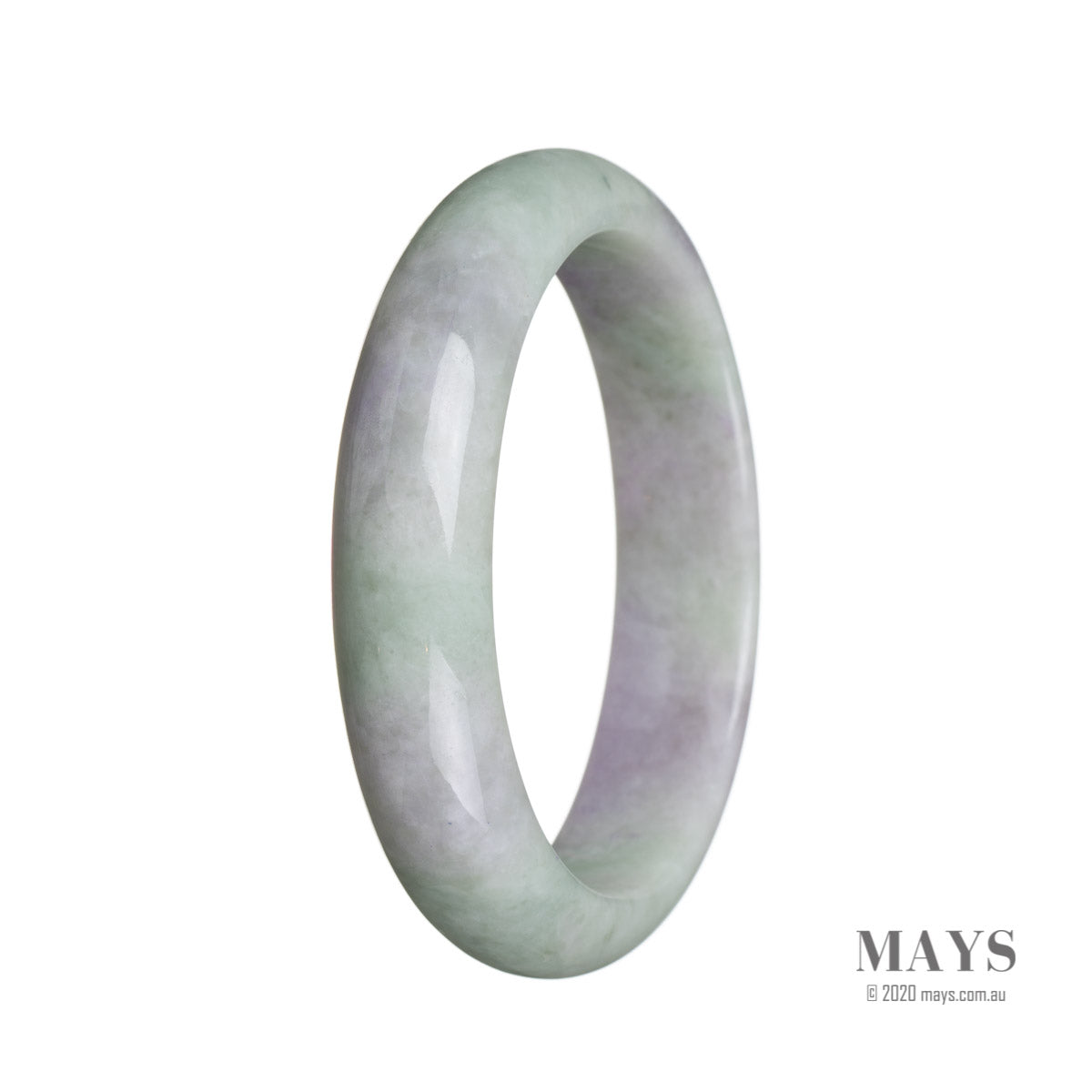 A close-up image of an authentic Type A Green with lavender Burma Jade Bracelet. The bracelet features a half-moon shape and measures 59mm. It is a stunning piece of jewelry from MAYS GEMS.