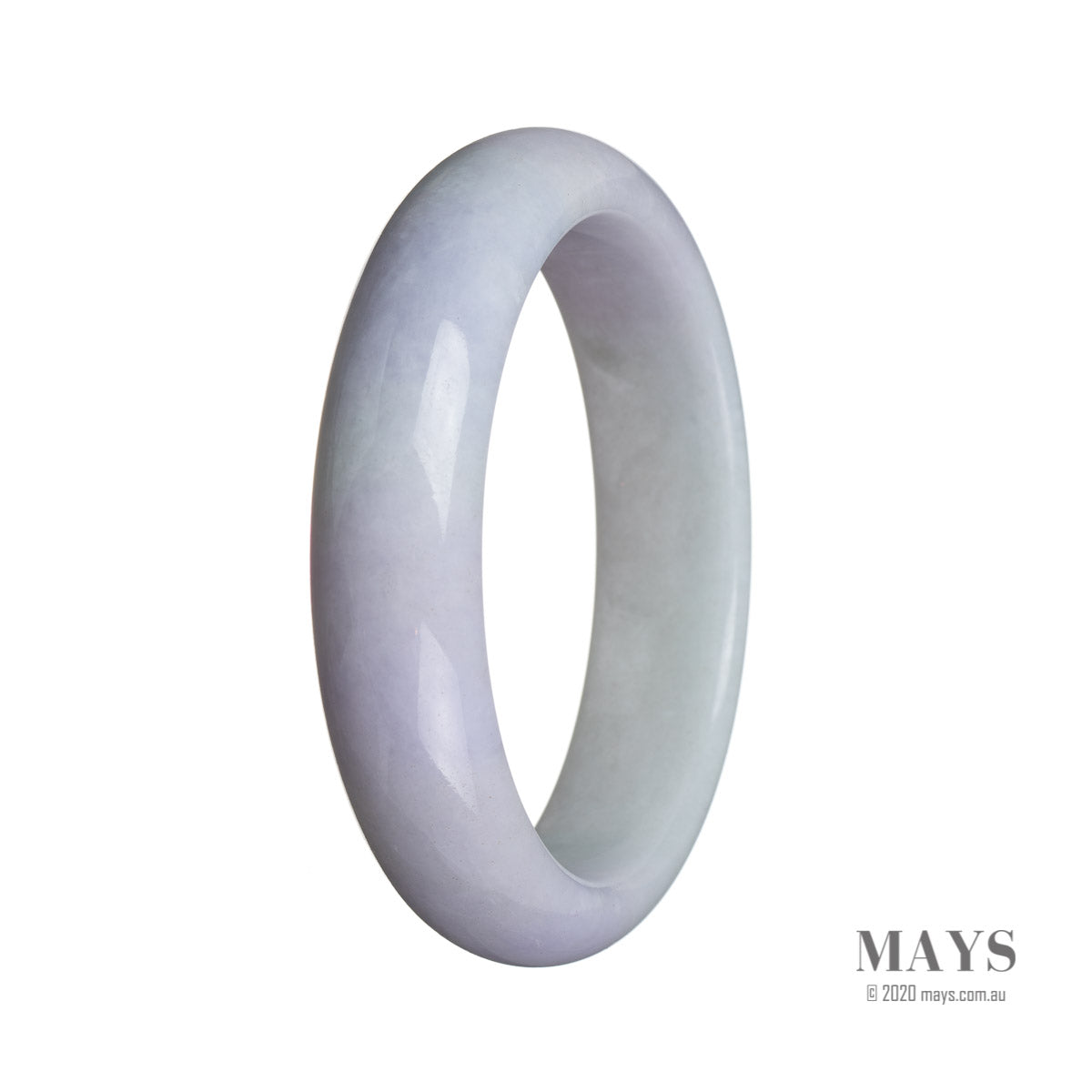 A close-up image of a lavender jadeite bangle bracelet, featuring a half-moon shape and measuring 59mm in diameter.