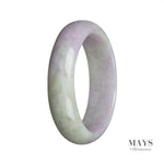 Close-up of a beautiful lavender and green jadeite jade bangle bracelet, with a smooth and polished surface. The bracelet features a half-moon shape and is certified Grade A. The jadeite jade has a stunning color combination, with lavender and green hues blending together. Perfect as a statement piece or for adding a touch of elegance to any outfit.