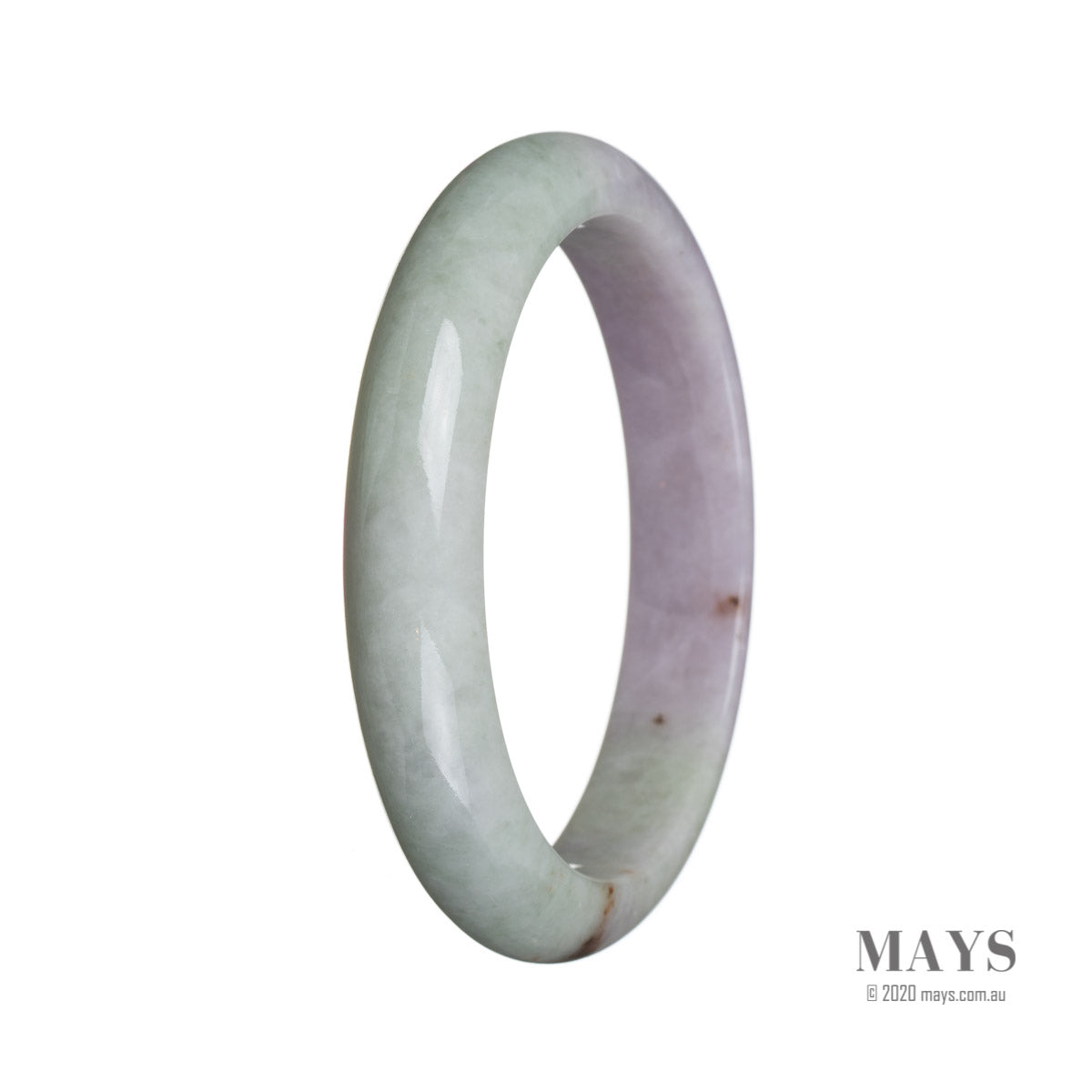 A beautiful green and lavender traditional jade bangle with a semi-round shape, measuring 59mm.