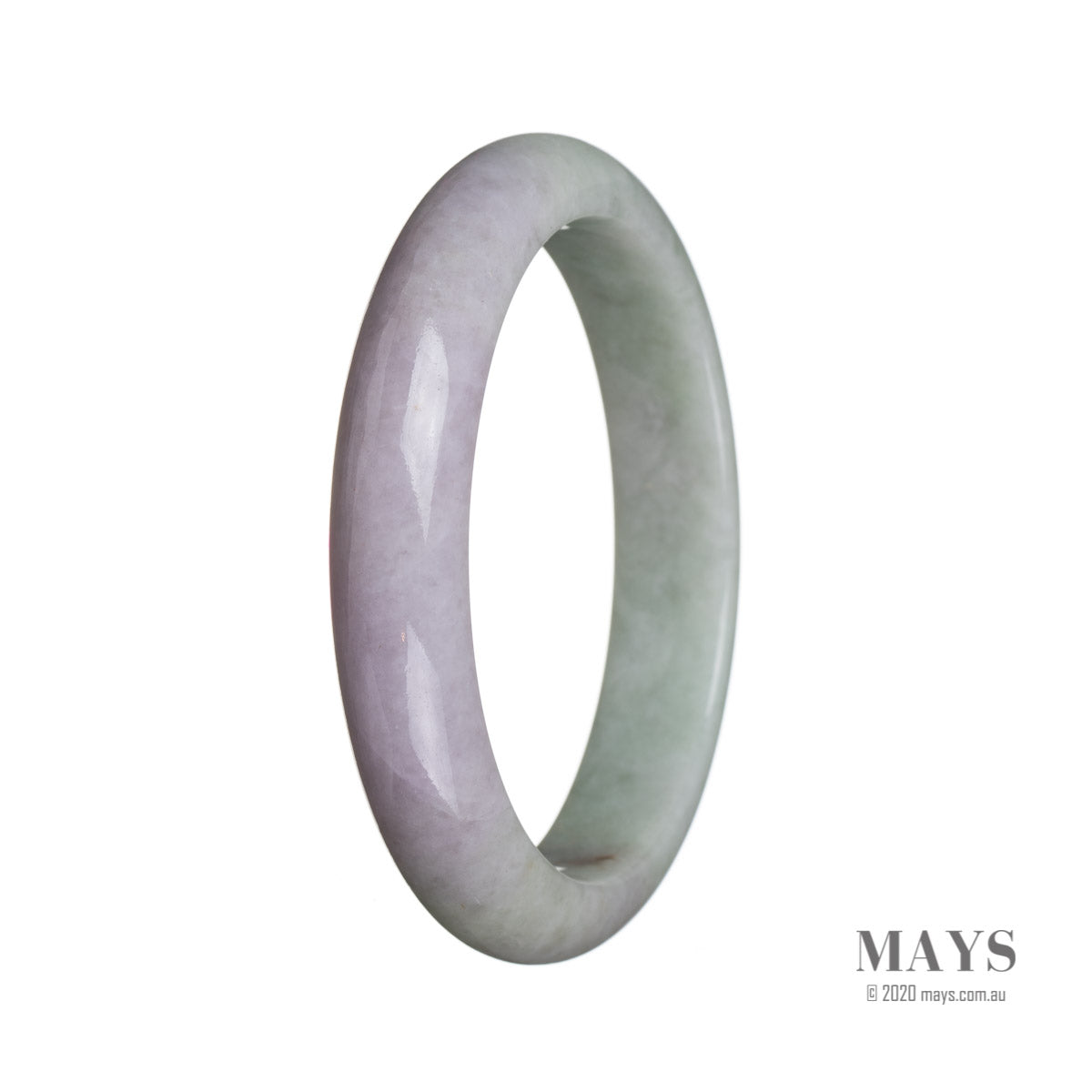 A stunning green and lavender Burmese jade bangle bracelet, Grade A quality, with a semi-round shape measuring 59mm. Perfect for adding a touch of elegance to any outfit.