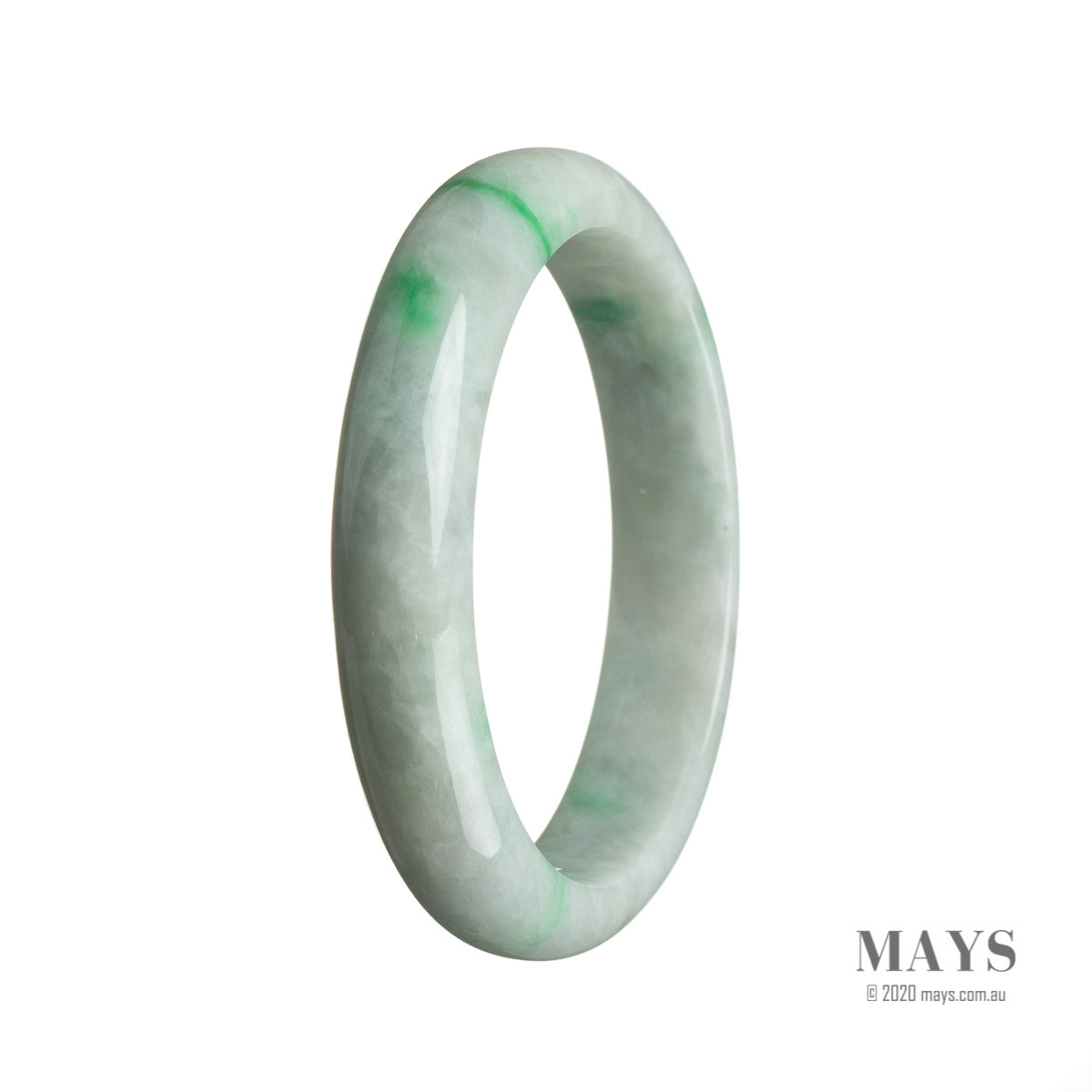 A close-up image of a green jade bangle with a half-moon shape, measuring 58mm in diameter. The bangle is made of untreated jadeite jade that is certified for its quality. It is a product from MAYS™.