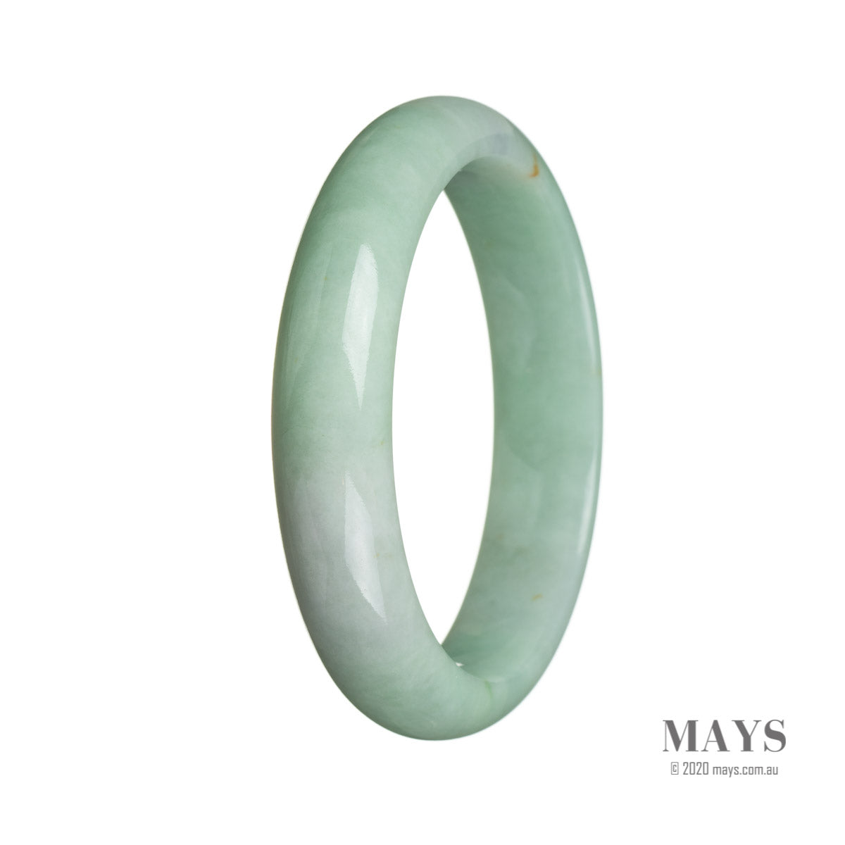 A green jade bangle with a traditional half moon shape, untreated and authentic, from MAYS.