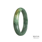 A close-up image of a half moon shaped green jade bracelet, with a glossy finish. The bracelet is made of genuine Type A green jade and measures 53mm in diameter. It is a beautiful piece of jewelry from MAYS GEMS.