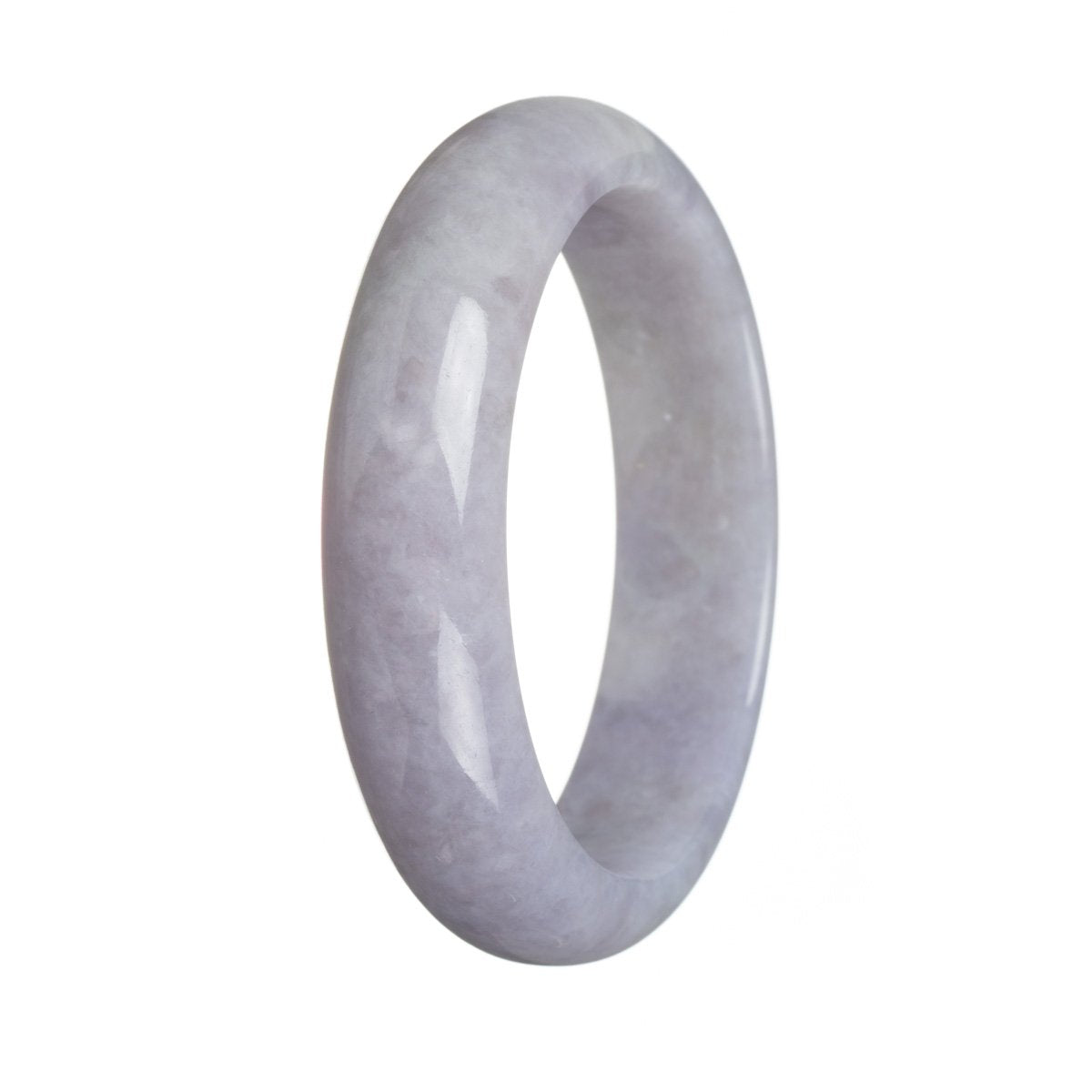 A close-up photo of an exquisite lavender jadeite jade bracelet. The bracelet features Grade A quality stones in a half-moon shape, measuring 61mm in diameter. The lavender hue adds an elegant touch to the overall design. Crafted by MAYS GEMS, this bracelet is a true symbol of authenticity and beauty.