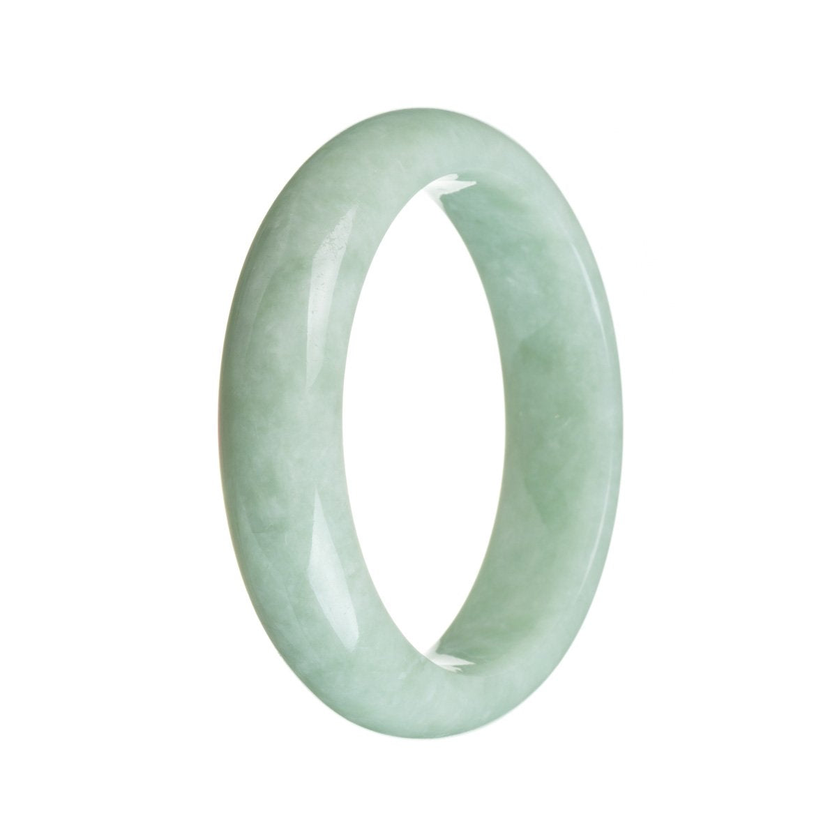 A half moon-shaped green jadeite jade bracelet, certified as natural light green in color, from MAYS GEMS, measuring 58mm in size.