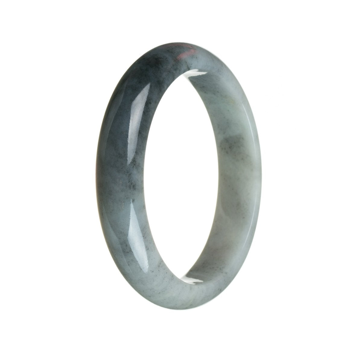 A half moon-shaped Burma Jade bangle with a genuine natural greyish white color, featuring black sections.