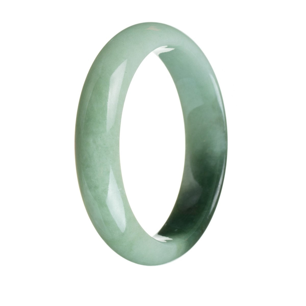 A close-up of a beautiful jade bracelet with a half-moon shape. The bracelet features genuine Grade A green jadeite jade with a dark green section. It measures 63mm in diameter, making it a stunning and elegant piece of jewelry.