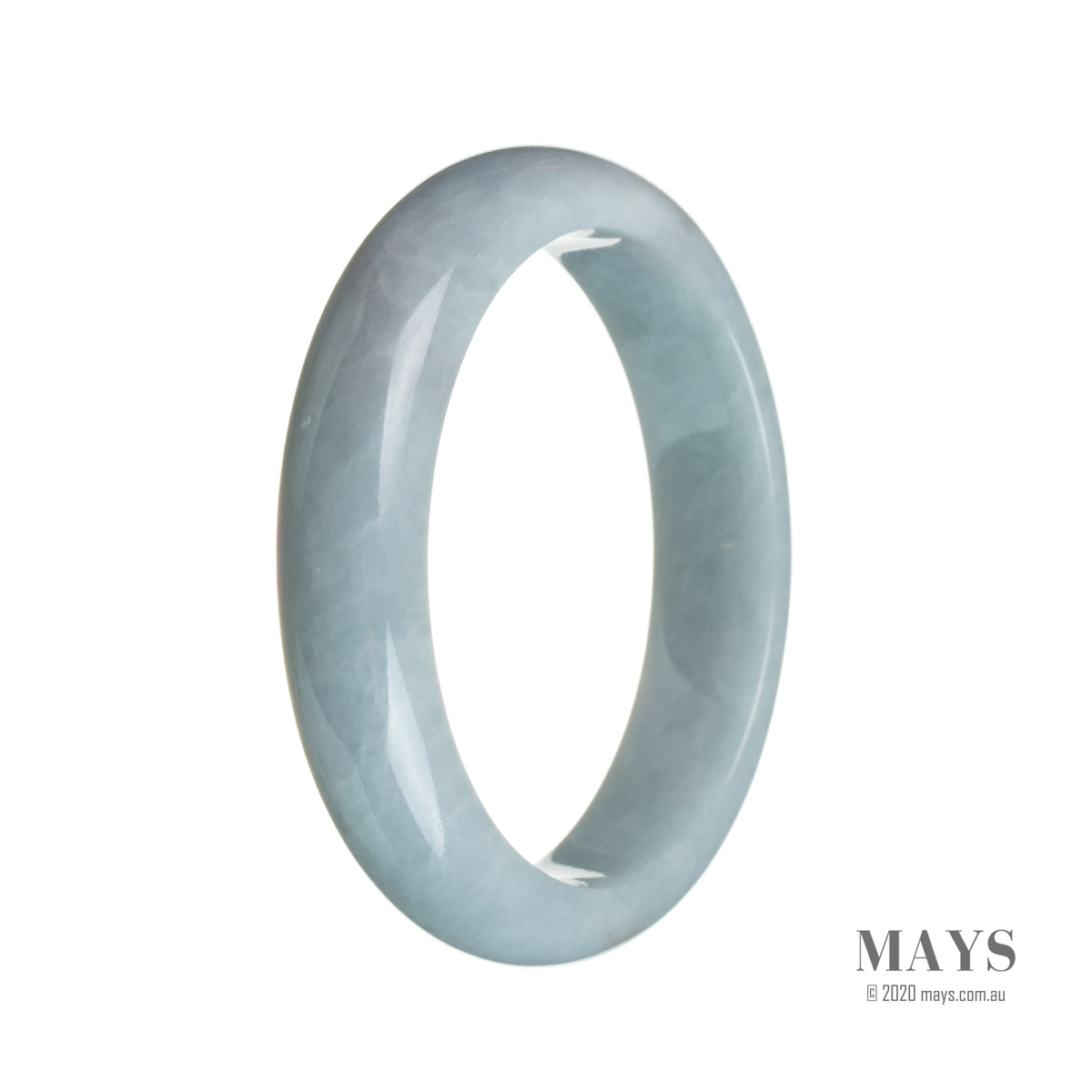 Image: A bluish lavender Burma Jade bangle with a half moon shape, measuring 59mm in diameter. It features an authentic Type A jade, known for its high quality and natural beauty. Created by MAYS, a trusted brand in jade jewelry.