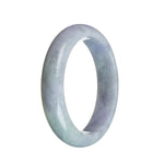 A close-up image of a beautiful lavender jade bracelet with a semi-round shape. The bracelet is made of genuine Type A strong jadeite jade and measures 58mm in size. It features a smooth and polished surface, showcasing the exquisite color and natural patterns of the jade stone.