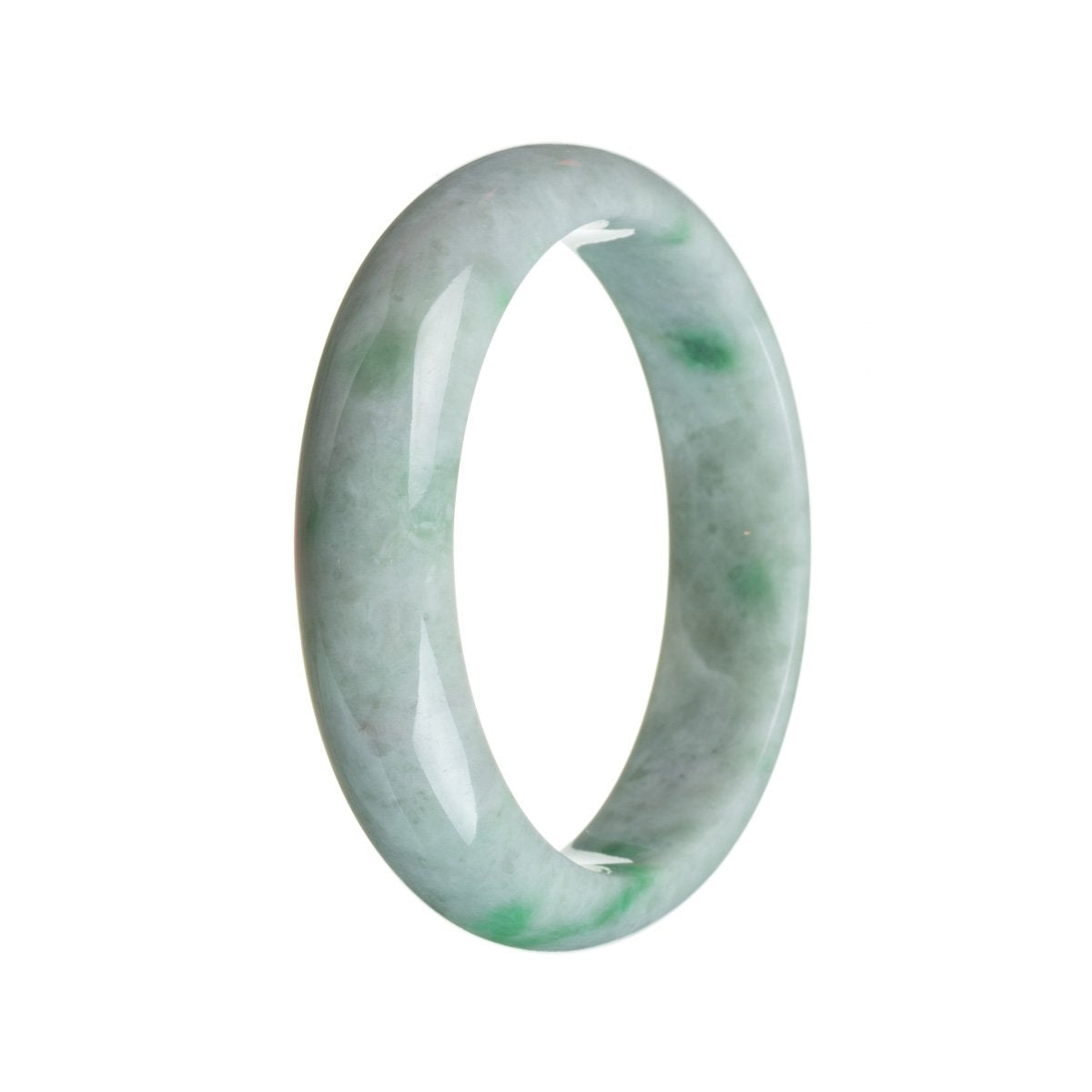 A close-up image of a traditional jade bracelet with a half-moon design. The bracelet is made of real natural green jade and is set against a white background. The bracelet measures 58mm in size and is crafted by MAYS GEMS.