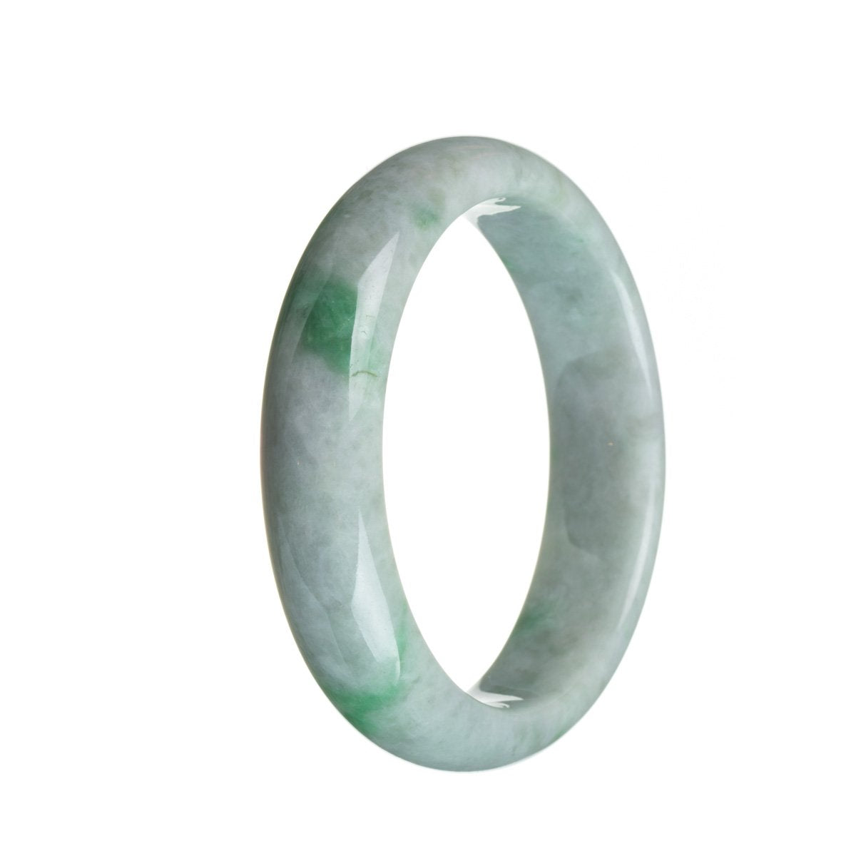 A close-up photo of a green jade bangle bracelet on a white background. The bracelet has a traditional design and is made of high-quality grade A jade. It is in the shape of a half moon and measures 58mm in diameter. The brand name "MAYS" is also mentioned.