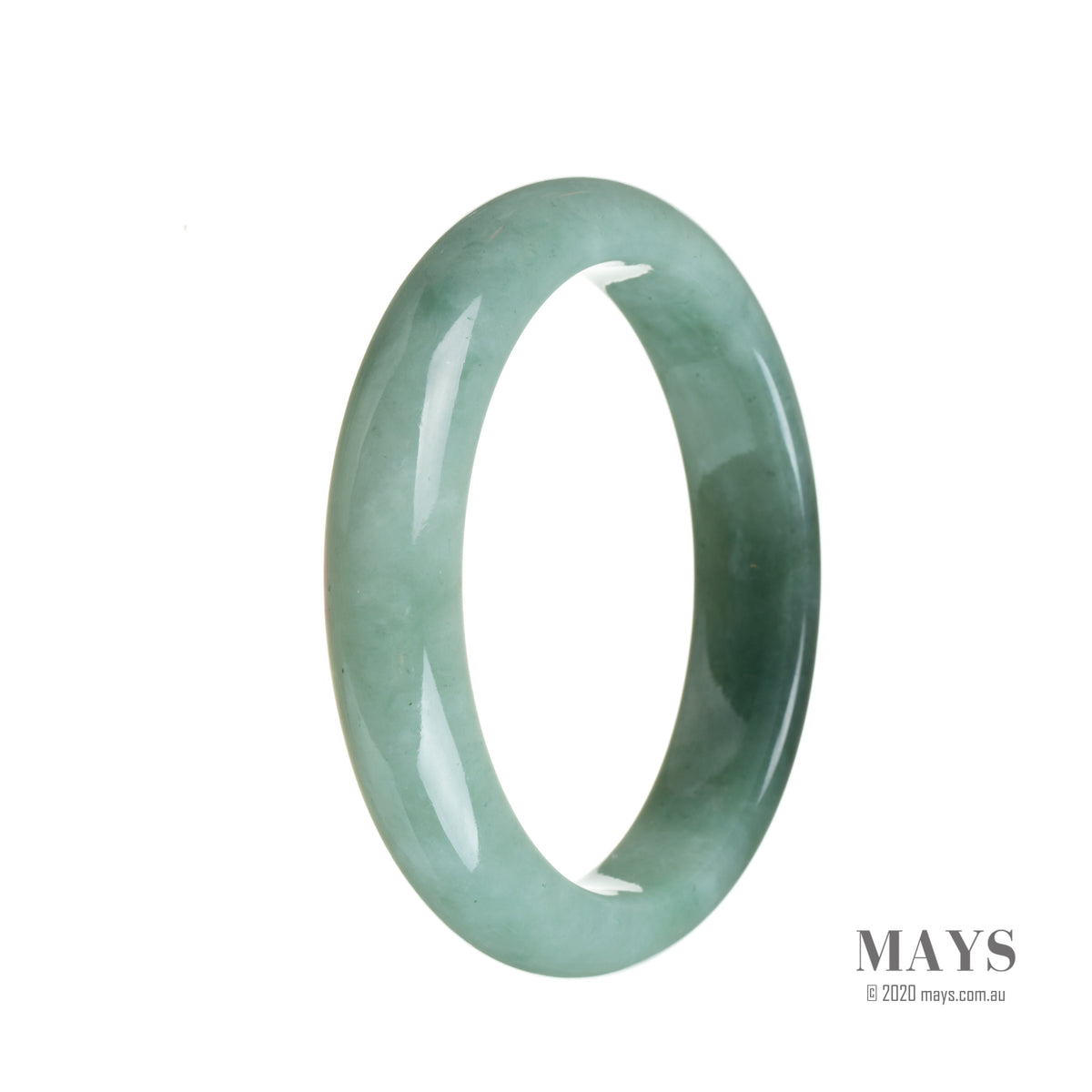 A half moon shaped jadeite jade bracelet in shades of green, featuring a genuine natural stone with a dark green section.