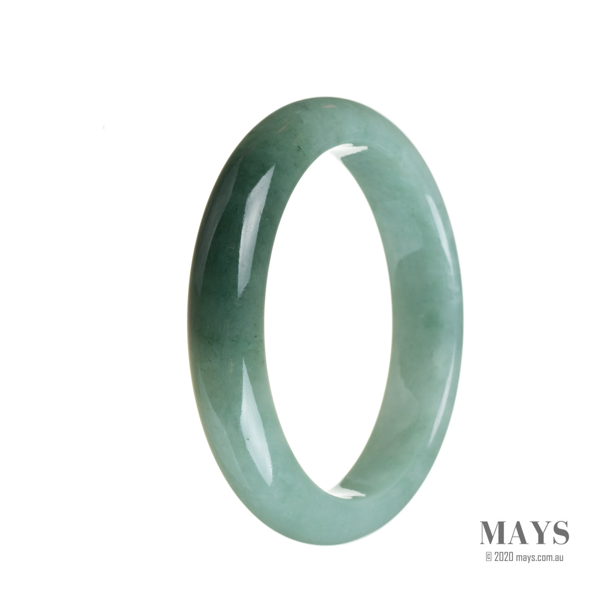 A close-up image of a jade bangle bracelet made from real grade A green and dark green jadeite. The bracelet has a 57mm diameter and features a half moon shape. This beautiful piece of jewelry is from the MAYS™ collection.