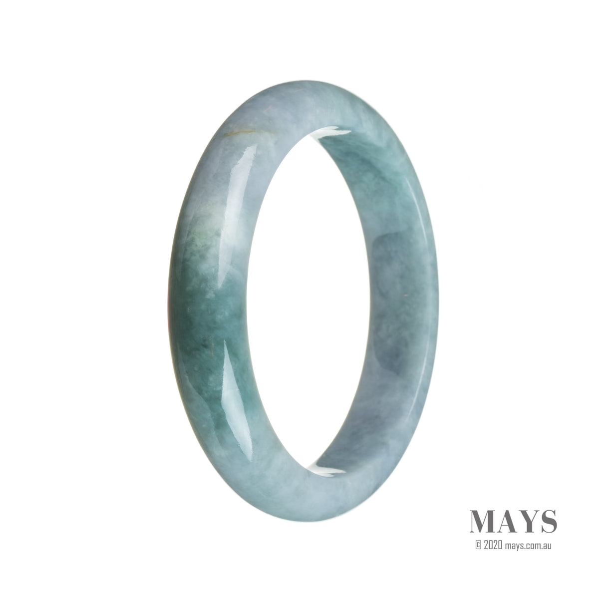 A close-up of a beautiful bracelet made of real grade A greyish lavender and green jadeite beads. The beads are semi-round in shape and have a smooth, polished surface. The bracelet measures 58mm in diameter and is a stunning piece of jewelry from MAYS GEMS.