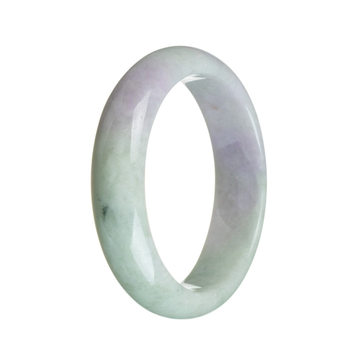 A close-up image of a lavender and green traditional jade bangle with a half-moon shape. The bangle is certified Type A and measures 59mm in size.
