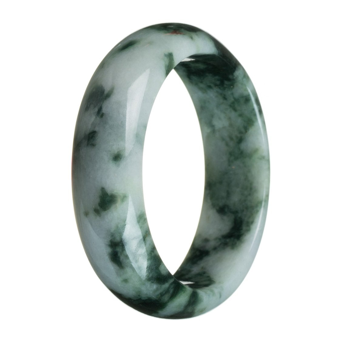 A close-up of a traditional jade bracelet with a half moon shape, featuring a genuine Type A Green pattern on a white background.