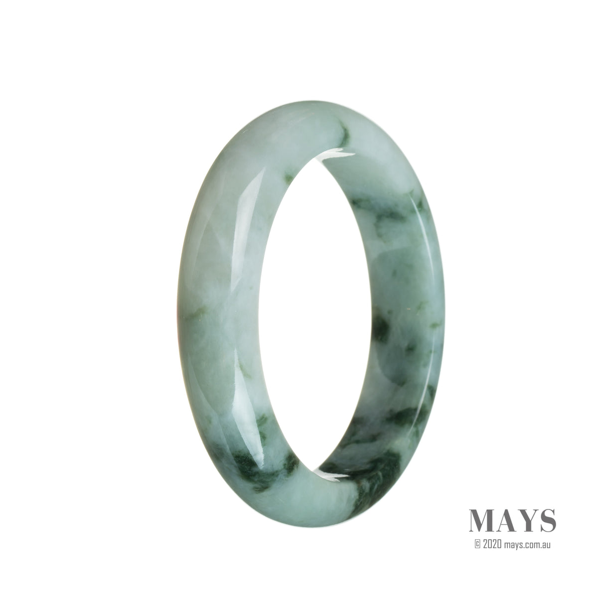A close-up photo of a pale green jadeite bracelet with a unique pattern, featuring a semi-round shape. The jadeite appears untreated, displaying its natural beauty and authenticity. The bracelet has a diameter of 55mm and is crafted by MAYS.