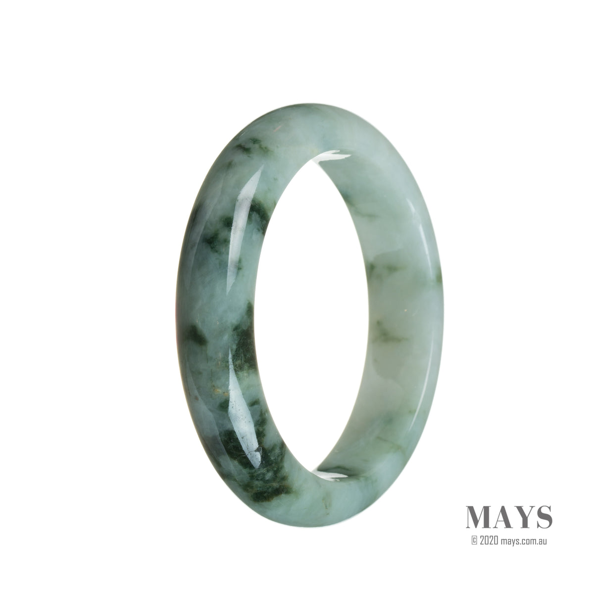 A pale green, untreated jade bracelet with a traditional pattern. It measures 55mm in size and has a semi-round shape. Manufactured by MAYS.