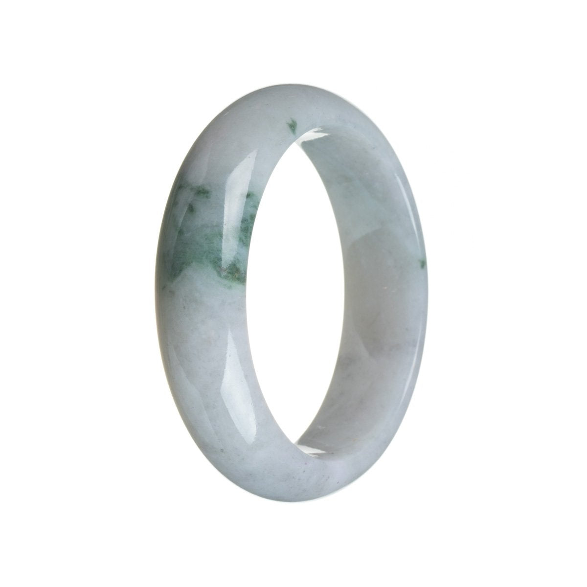 A lavender jadeite bangle with a half moon shape, measuring 54mm in diameter.