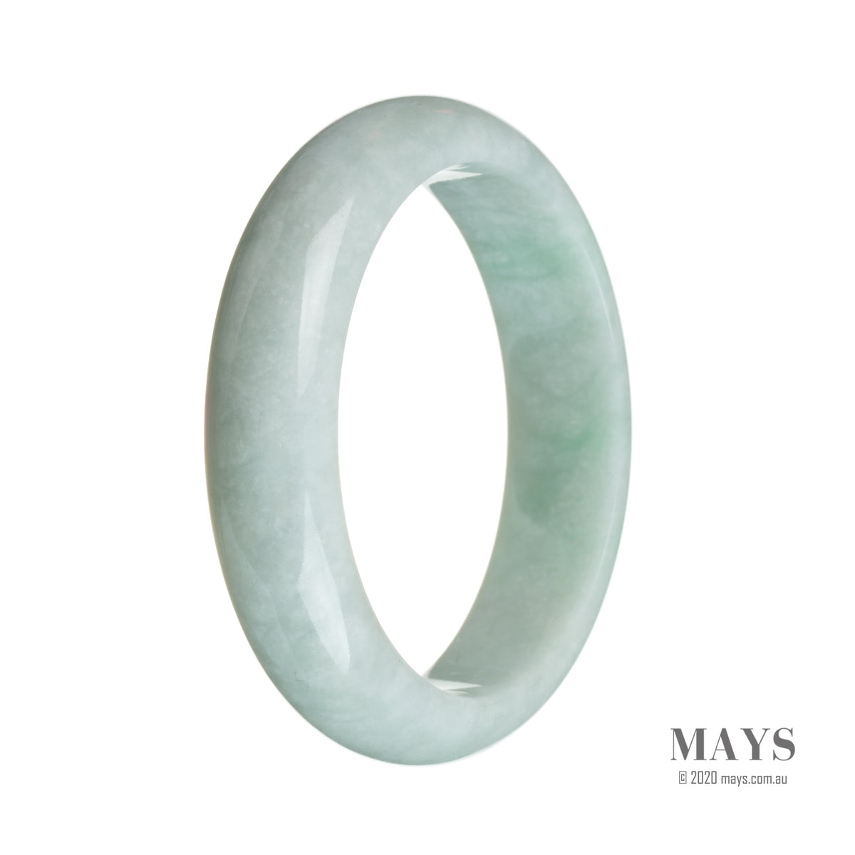 A pale green Burmese jade bangle with a half moon shape, showcasing its natural beauty.