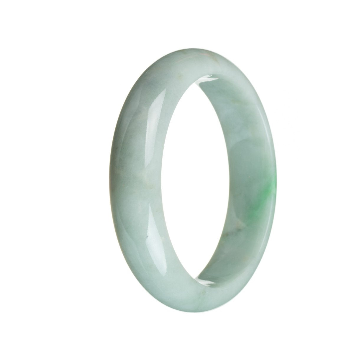 A close-up view of a beautiful green and white Jadeite Jade bangle, half moon shaped, with a diameter of 59mm.