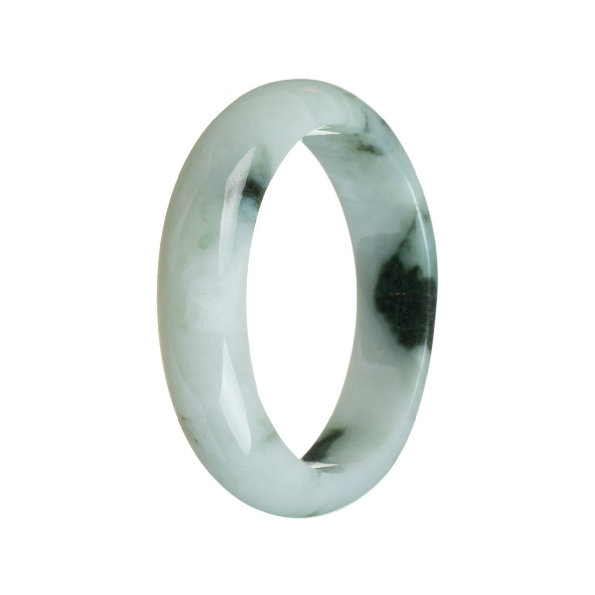 A close-up image of a white Burmese jade bangle with a certified Grade A pattern. The bangle has a 58mm diameter and a unique half moon shape. Designed by MAYS™.