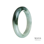 An elegant green patterned jadeite bangle, grade A quality, on a white background. The bangle has a semi-round shape and measures 55mm in diameter. Sold by MAYS GEMS.